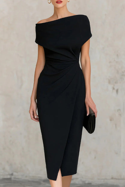 Solid Color Short-sleeved Fitted Waist Pleated Elegant Midi Dress
