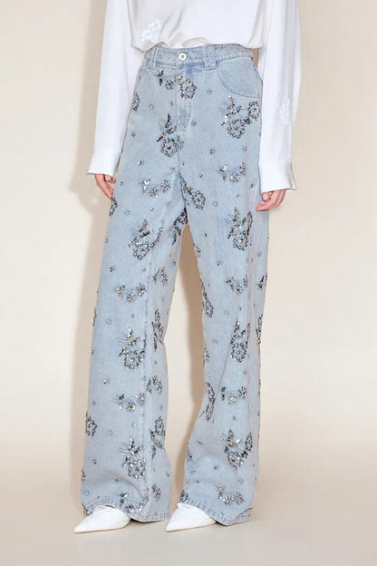 Jhenie Denim Beaded Sequin Floral Pattern Mid Rise Pocket Wide Leg Jeans