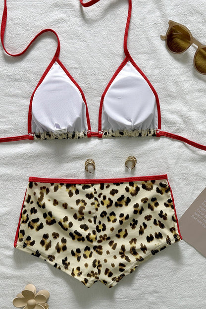 Conjunto de bikini de dos piezas con lazo al cuello con estampado de leopardo