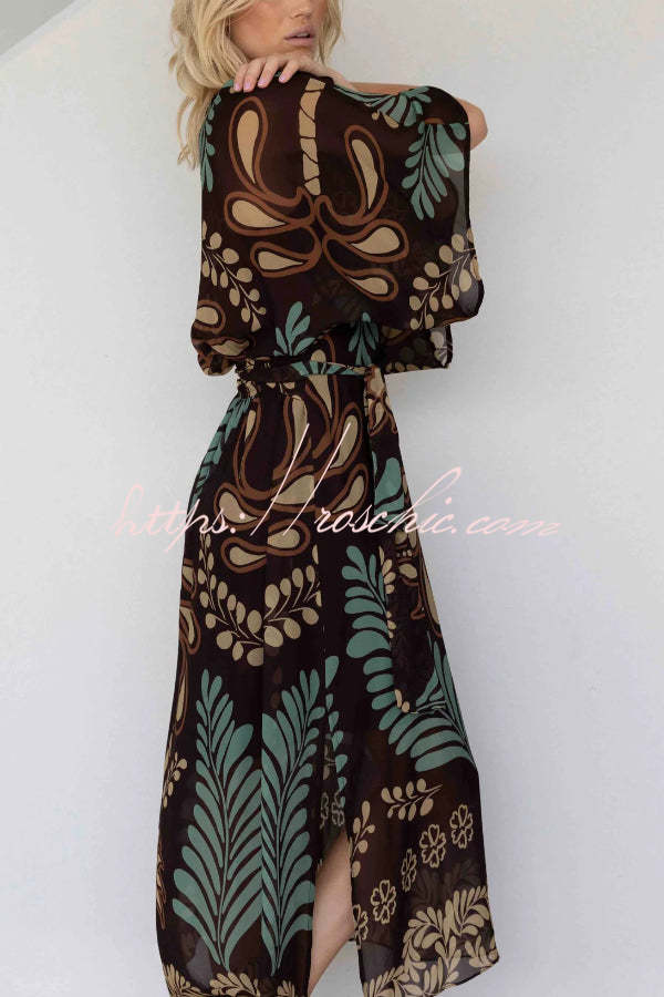 Bohemian Style Unique Printed Chiffon Loose-fitting Belted Maxi Dress