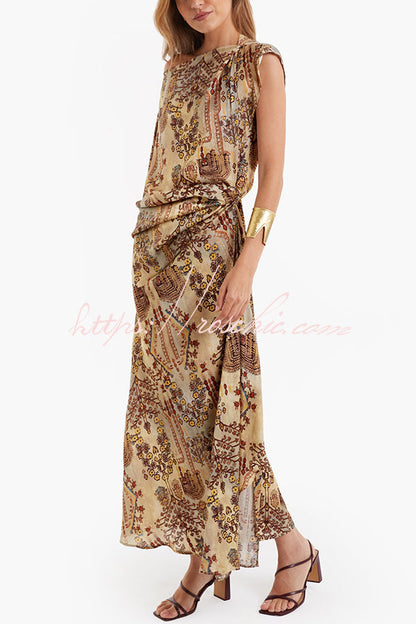 Cassie Satin Unique Print One Shoulder Ruched Waist Asymmetrical Hem Maxi Dress