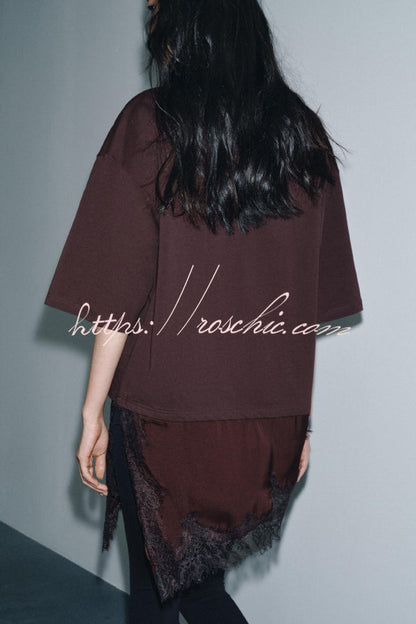 Stylish Round Neck Short-sleeved Patchwork Lace Hem Loose T-shirt