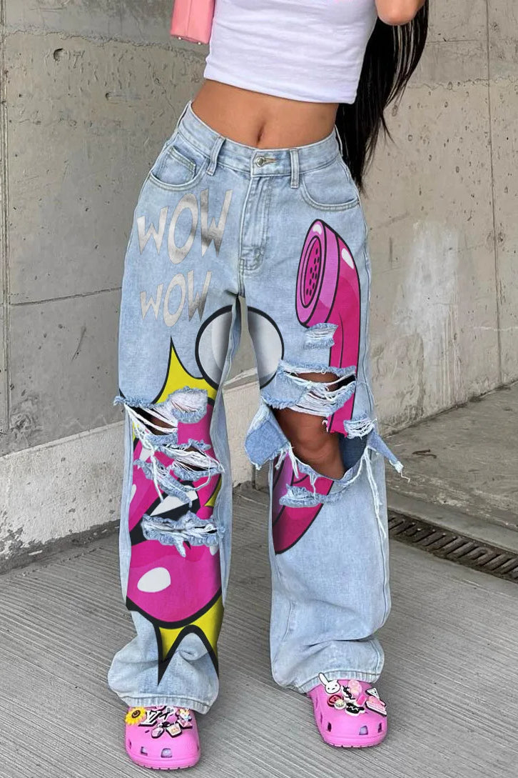 Vaqueros estampados holgados de tiro medio