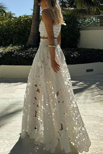 Vestido Boho Suelto de Dos Piezas de Playa con Encaje Calado