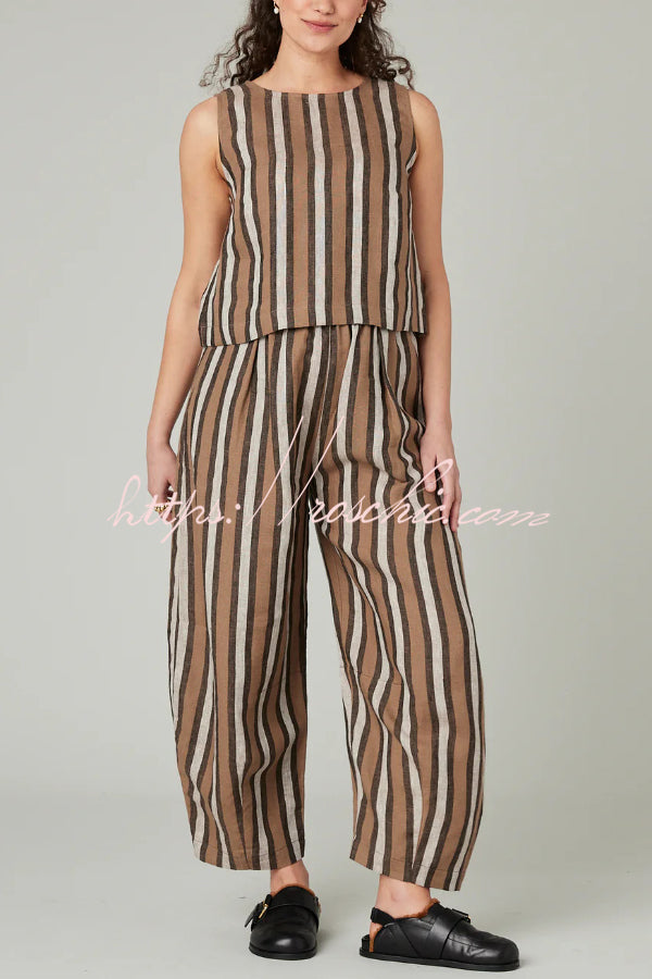 Striped Printed Crew Neck Sleeveless Top and Elastic Waist Wide-leg Pants Set