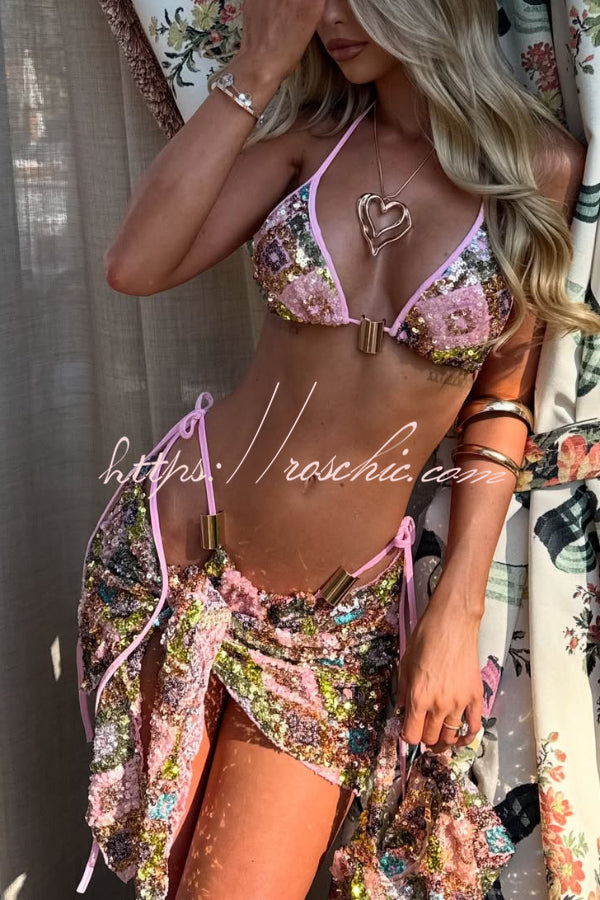 Stylish Sequined Metal Decoration Halter Neck Tie Stretch Bikini Swimsuit and Beach Cover-up Mini Skirt Three-piece Set
