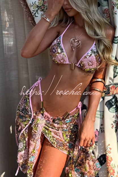 Stylish Sequined Metal Decoration Halter Neck Tie Stretch Bikini Swimsuit and Beach Cover-up Mini Skirt Three-piece Set