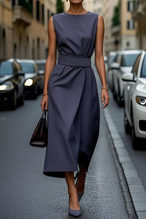 Solid Color Sleeveless Round Neck Casual Midi Dress