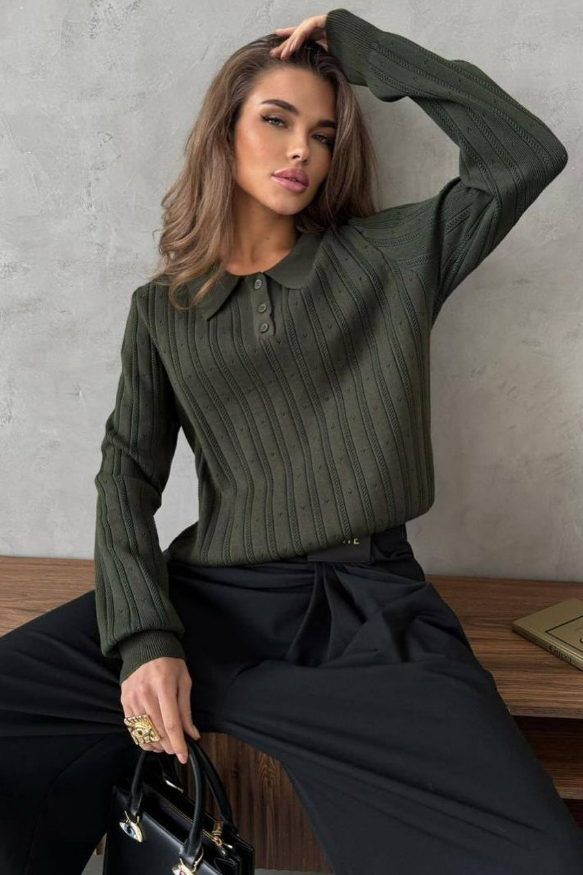 Blusa holgada de manga larga con cuello polo jacquard