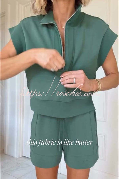 Buttery Touch Half-Zip Short Sleeve Sweatshirt and Elastic Waist Pocket Casual Shorts Set