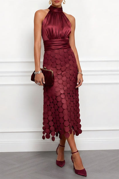 Janice Satin Ruched Halter Neck Sleeveless Embroidered Polka Dot Hem Midi Dress（Buy 2 Get Free Shipping)