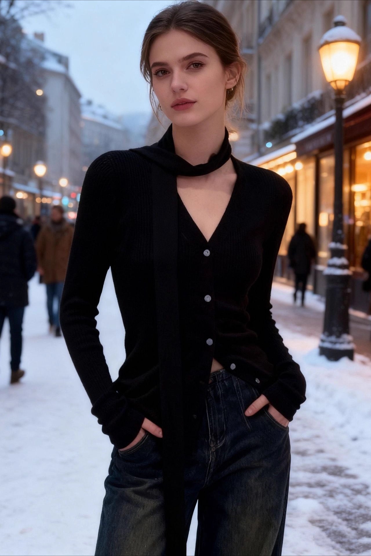 Top de punto acanalado con cuello esmoquin chic