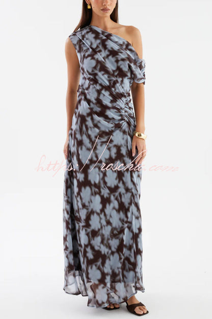 Unique Print Asymmetrical Off-Shoulder Pleated Waist Casual Maxi Dress