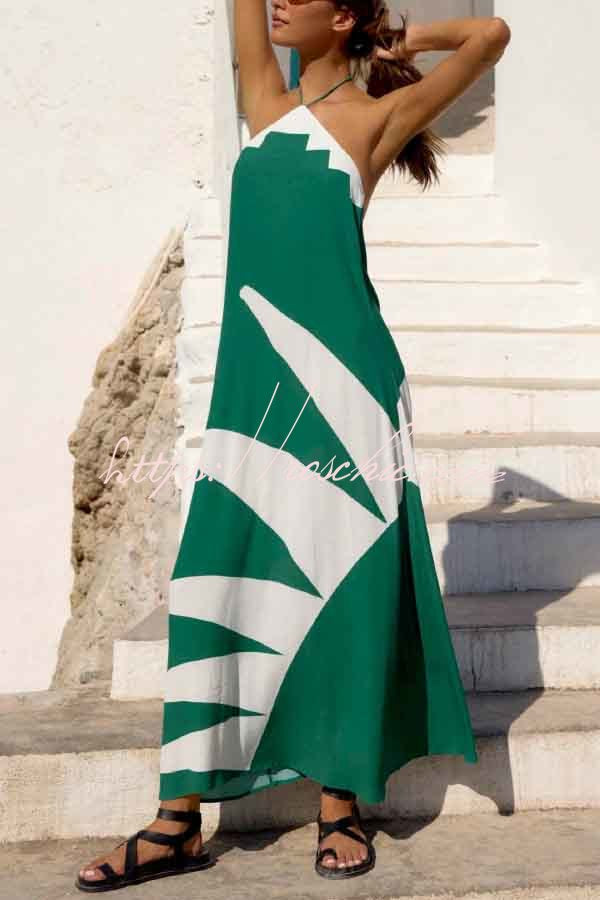 Stylish Color-blocked Print Halter Neck Backless Casual Vacation Maxi Dress