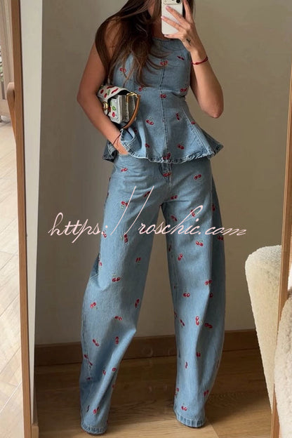 Sweet Casual Denim Cherry Print High Rise Pocket Straight Leg Loose Jeans