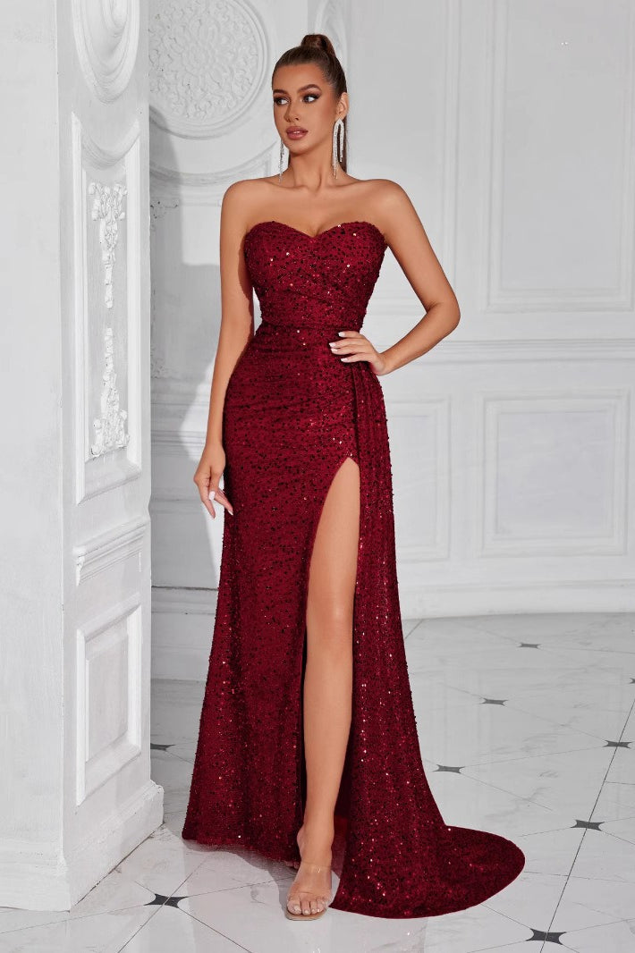 Vestido Largo de Fiesta Sin Tirantes con Abertura