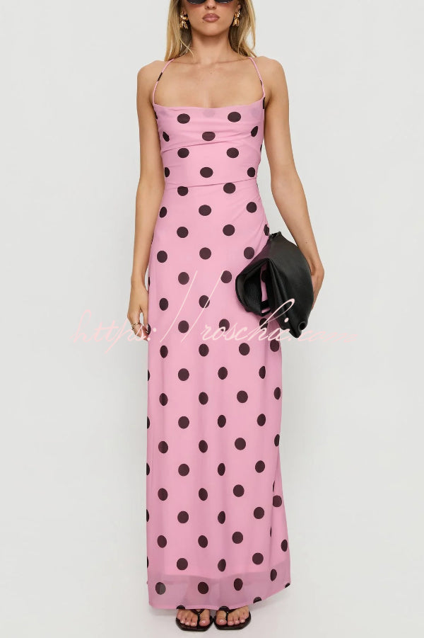 Polka Dot Print Halter Neck Backless Tie Elegant Slim-fit Maxi Dress