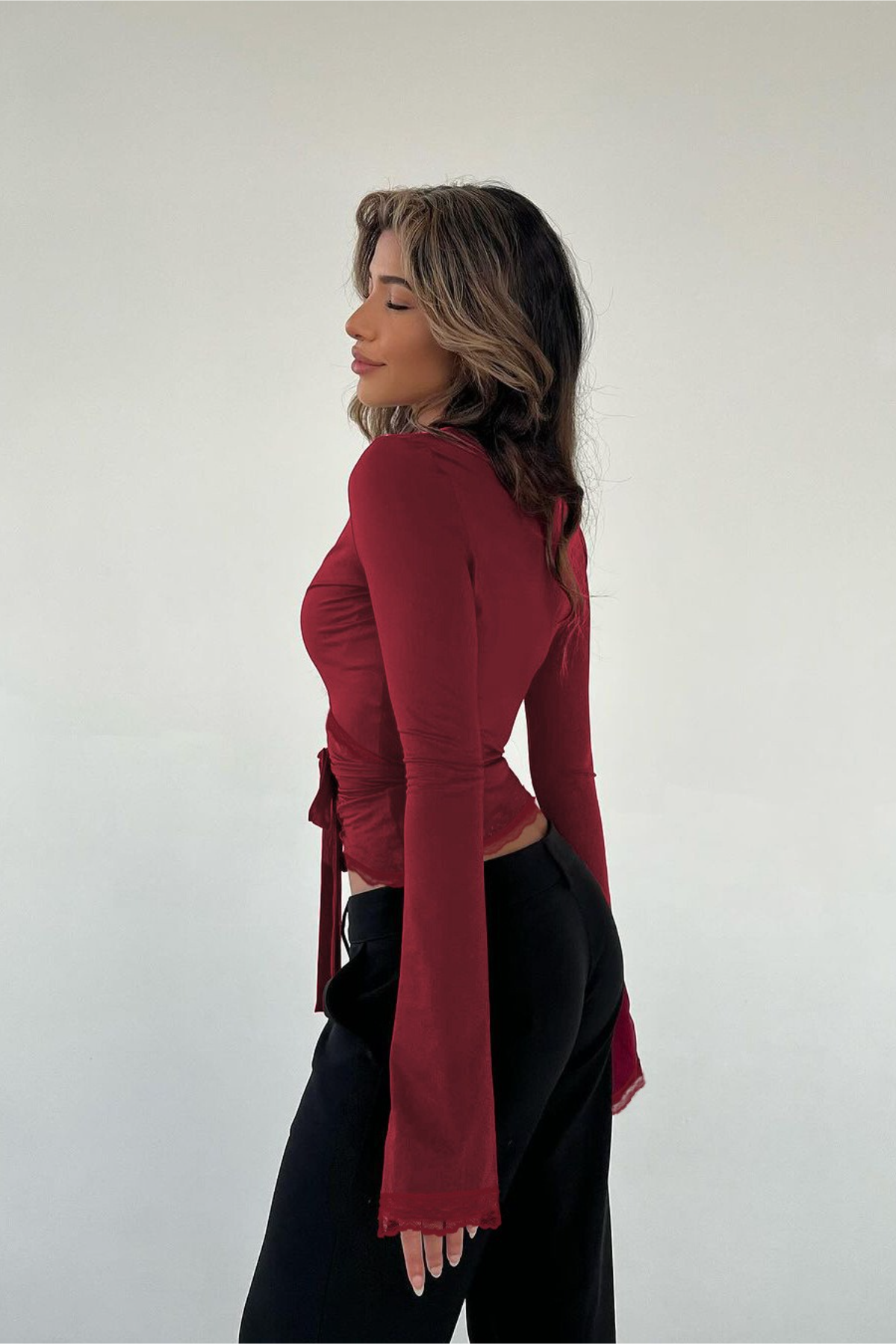 Y2K  Lace Trim Tie Waist Slim Long Sleeve Crop Top