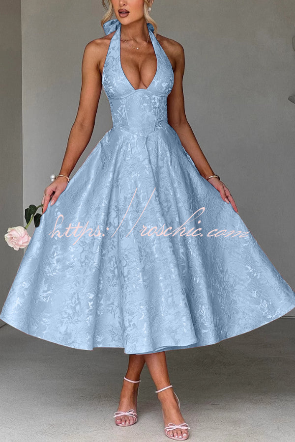 Stylish Jacquard Halter Neck Fitted Waist Open Back Elegant Midi Dress