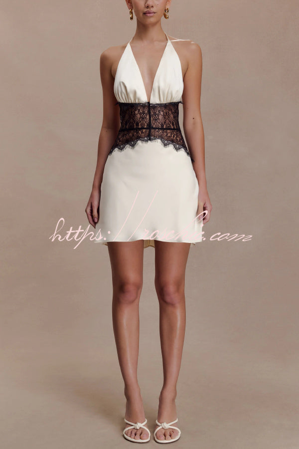 Fashionable Hollowed-out Lace Patchwork V-neck Backless Slim-fit Mini Dress
