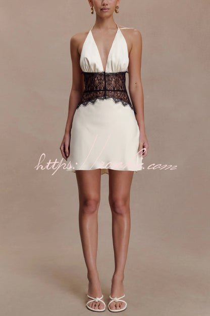 Fashionable Hollowed-out Lace Patchwork V-neck Backless Slim-fit Mini Dress