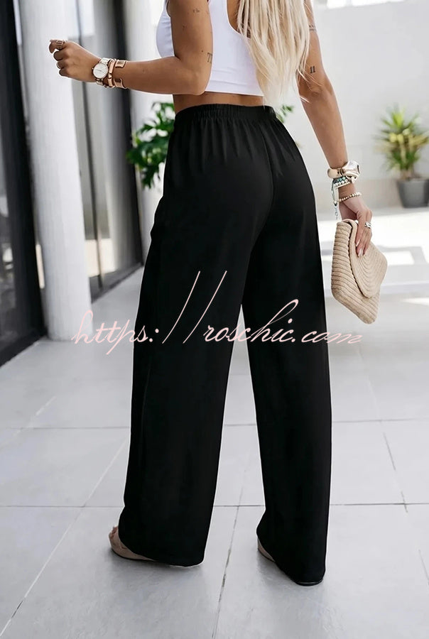 Mezcal High Rise Metal Buckle Elastic Waist Belt Slit Wide Leg Pants