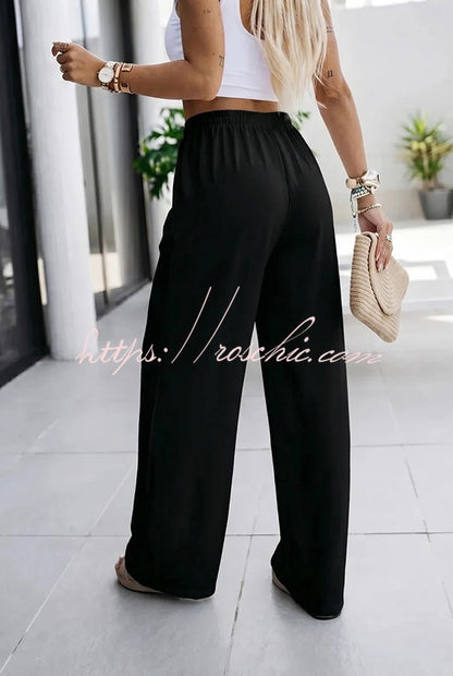 Mezcal High Rise Metal Buckle Elastic Waist Belt Slit Wide Leg Pants