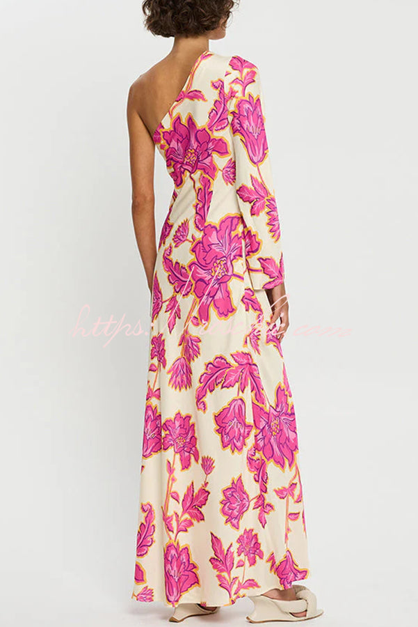 Rhia Satin Floral Print One Shoulder Flared Maxi Dress