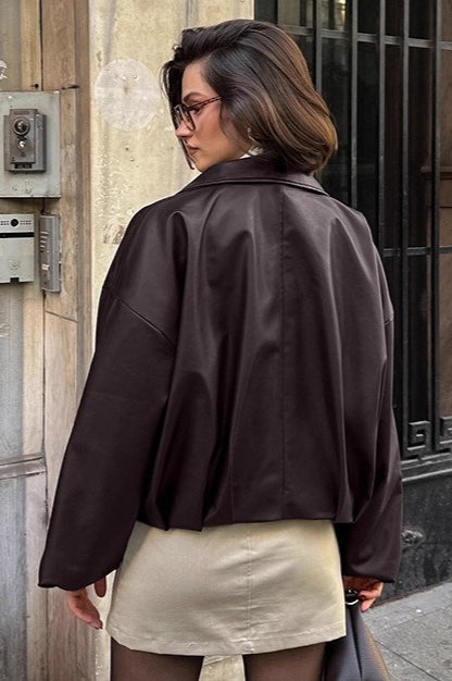 Chaqueta de cuero retro tipo biker marrón