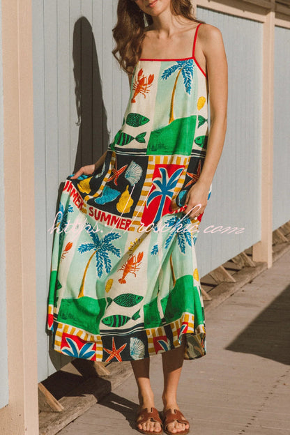 Summer-themed Printed Square Neck Sleeveless Pocket Loose Maxi Dress