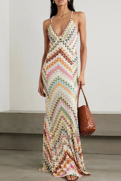 Vestido Boho con Cuello en V y Colores en Contraste