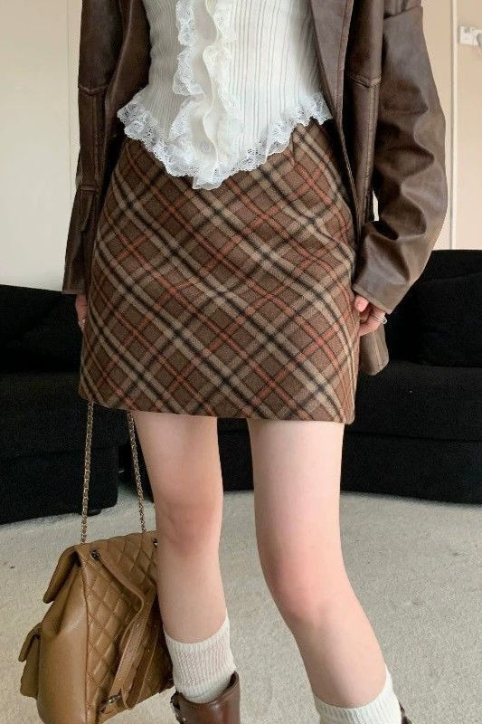 Falda Corta Ajustada de Talle Alto Vintage de Tweed a Cuadros