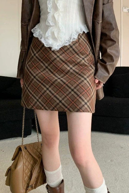 Falda Corta Ajustada de Talle Alto Vintage de Tweed a Cuadros