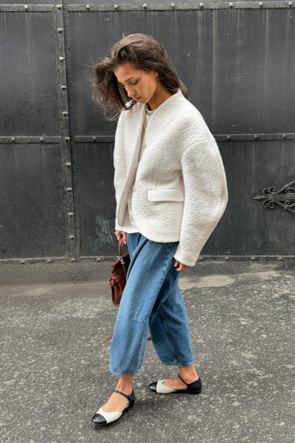Solid Color Tweed V-Neck Coat