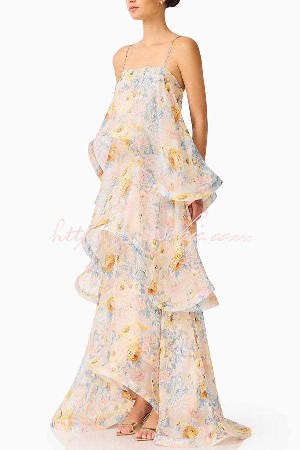 Armani Georgette Fabric Floral Print Tiered Slip Square Neck A-line Maxi Dress