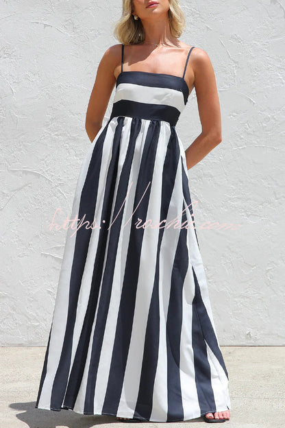 Color-blocked Striped Print Square Neck Suspender Casual Pocket Maxi Dress