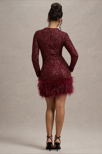 Solid Color Sequin Feather Long Sleeve Round Neck  Sequin Dress