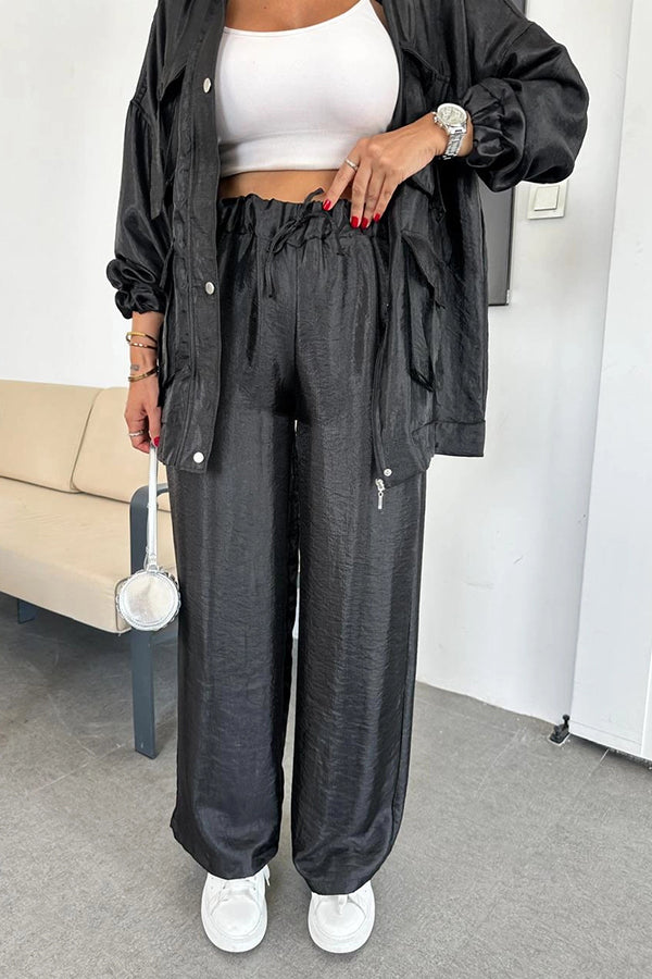 Easy on Me Metallic Fabric Elastic Waist Pocketed Wide Leg Pants (Shipped Within 24 Hours)