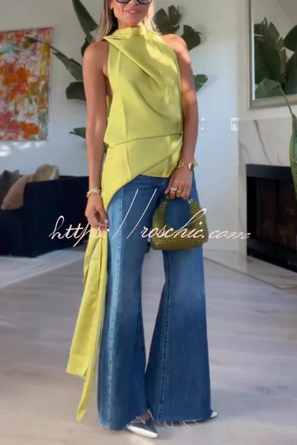 Misty Aura Satin Halter Tie-up Neck Open Back Drape Hem Top