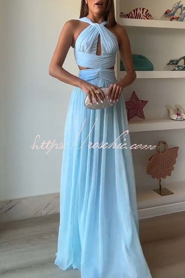 Graceful Modern Chiffon Twist Halter Neck Cutout Pleated Maxi Dress