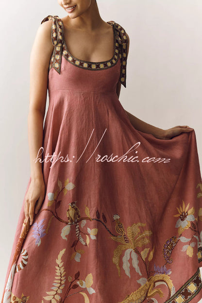 Linen Blend Unique Printed Tie-up Suspenders Pocket Elegant Vacation Maxi Dress