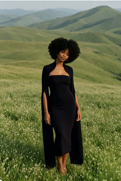 Cape Long Sleeve Back Slit Midi Dress