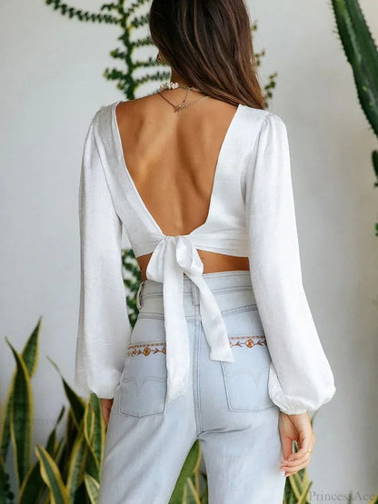 Deep V Cut Out Back Tie Backless Puff Sleeve White Blouse