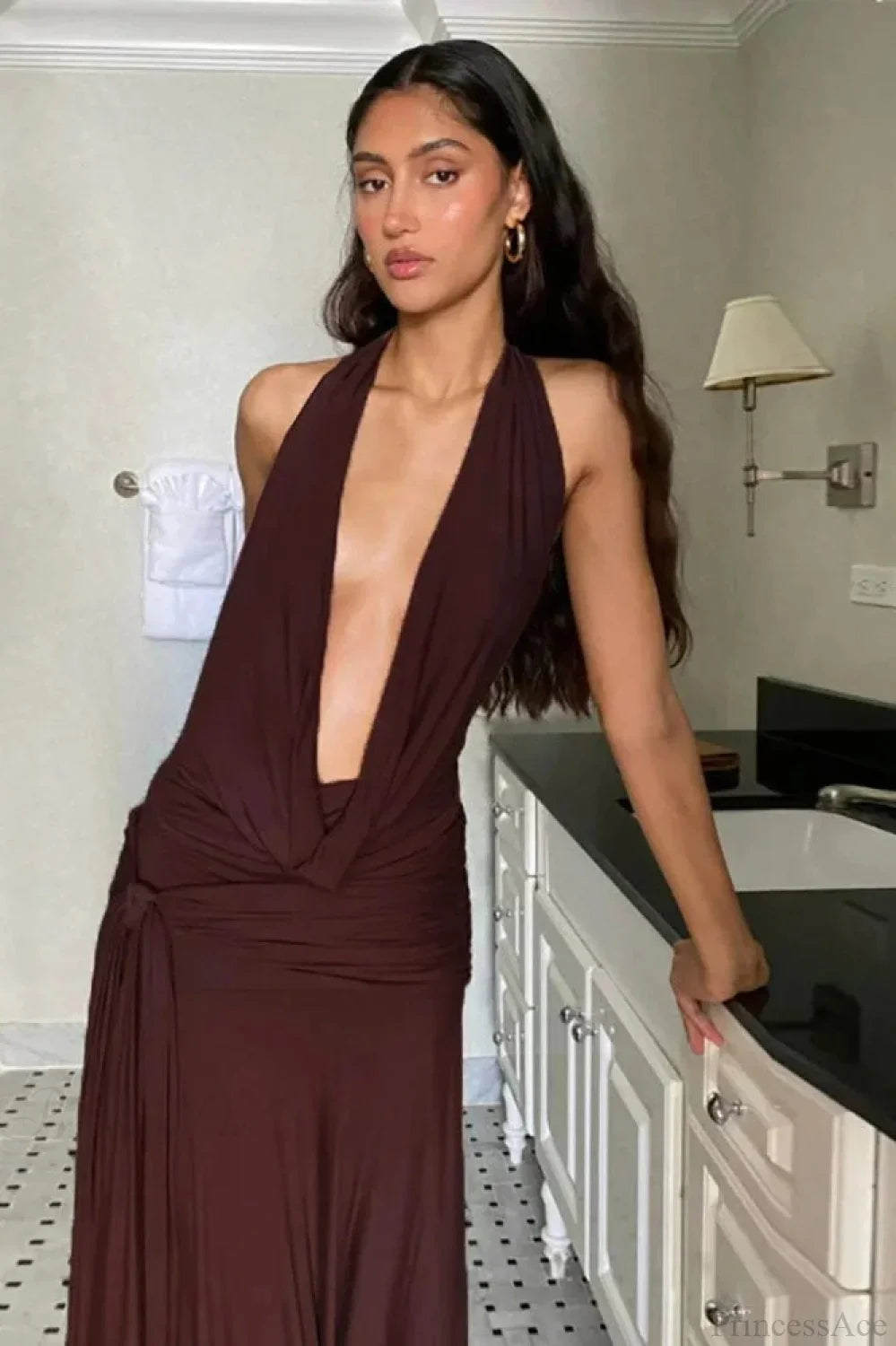 Deep V-neck Bandage Brown Vacation Dress