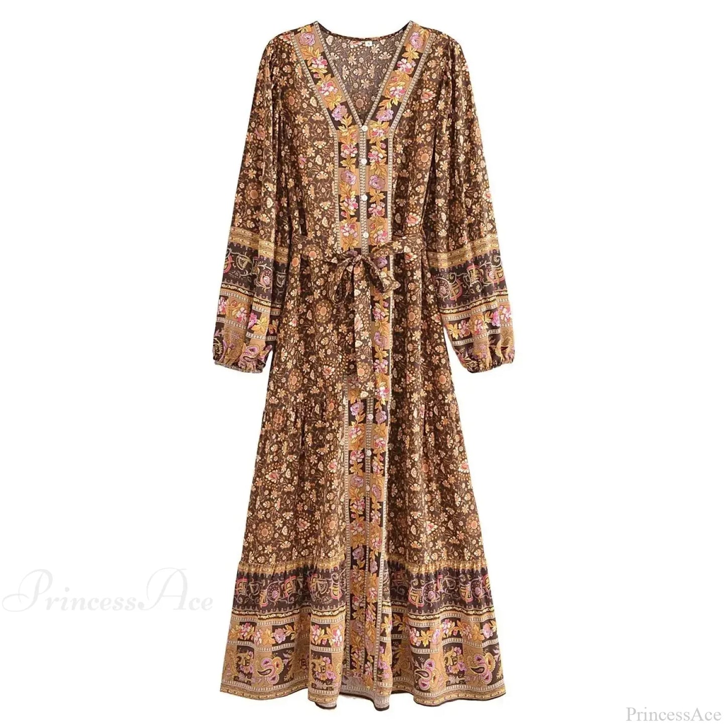 Deep V-neck Floral Long Sleeve Cotton Boho Dress