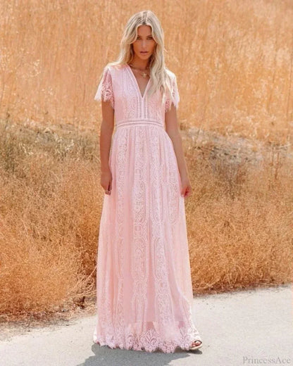 Deep V-neck Lace Hollow Out Vintage White Boho Dress