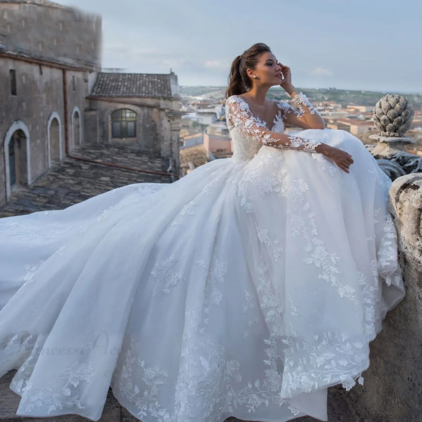 Deep V-Neck Long Tail Wedding Dress