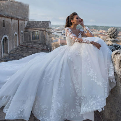 Deep V-Neck Long Tail Wedding Dress