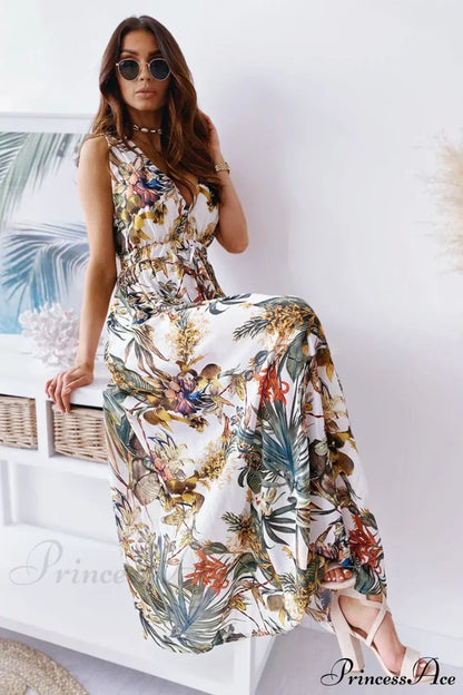 Deep V Neck Print Sleeveless Boho Dress