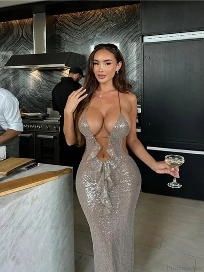 Deep V Neck Sequin Suspender Party Dress